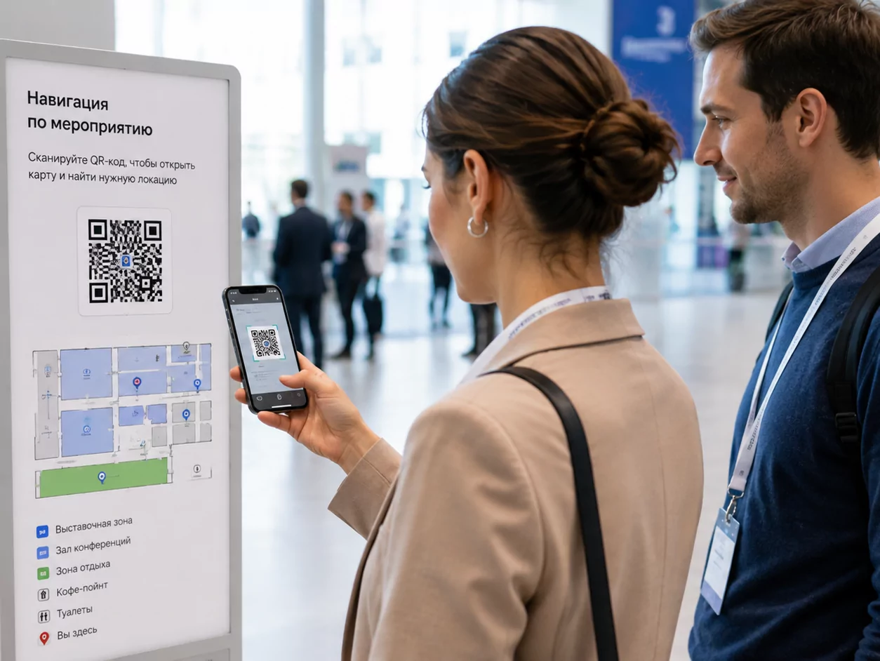 Двое участников у навигационной стойки сканируют QR-код смартфоном
