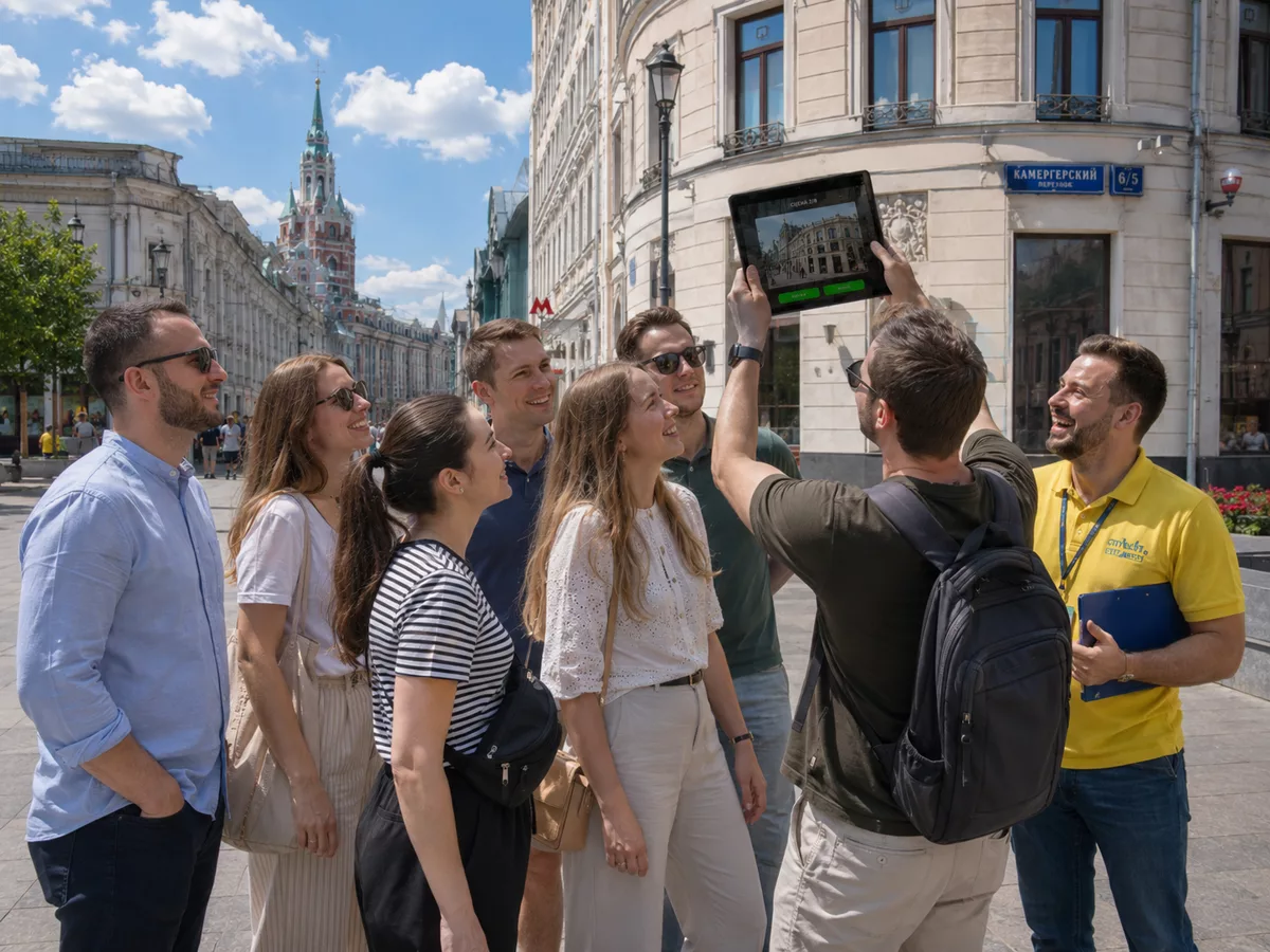 Команда на городской улице держит iPad с открытым заданием квеста